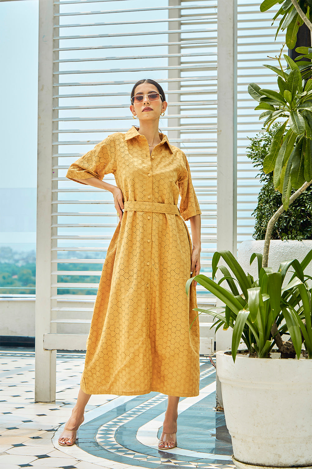 Cotton Schiffli Shirt Midi Dress