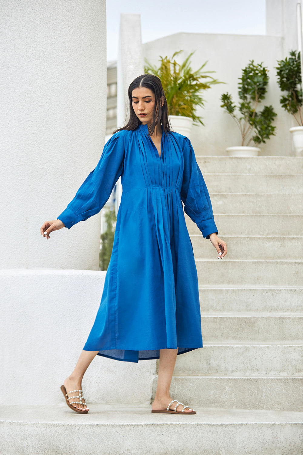 Cotton Midi Dress With Bishop Sleeves