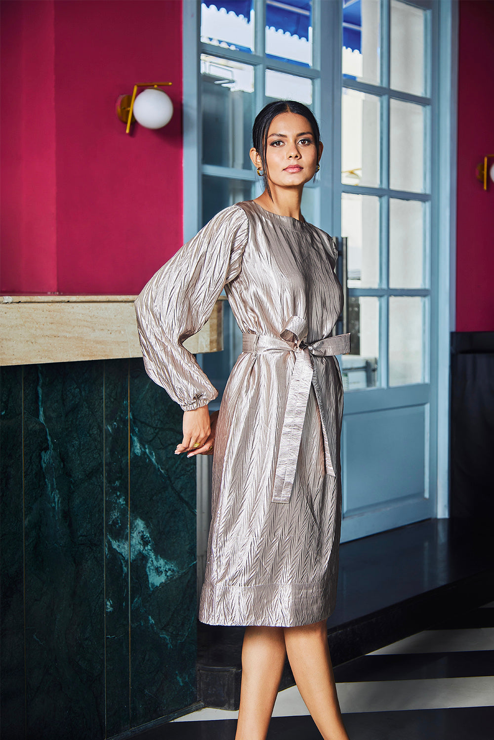 Three Quarter Sleeves Dress With Waist Belt