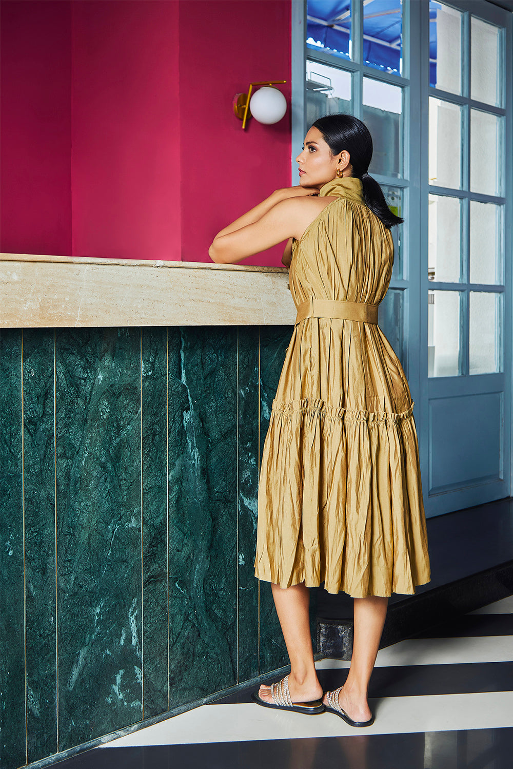 Cotton Viscose Ruffle Midi Dress With Waist Belt