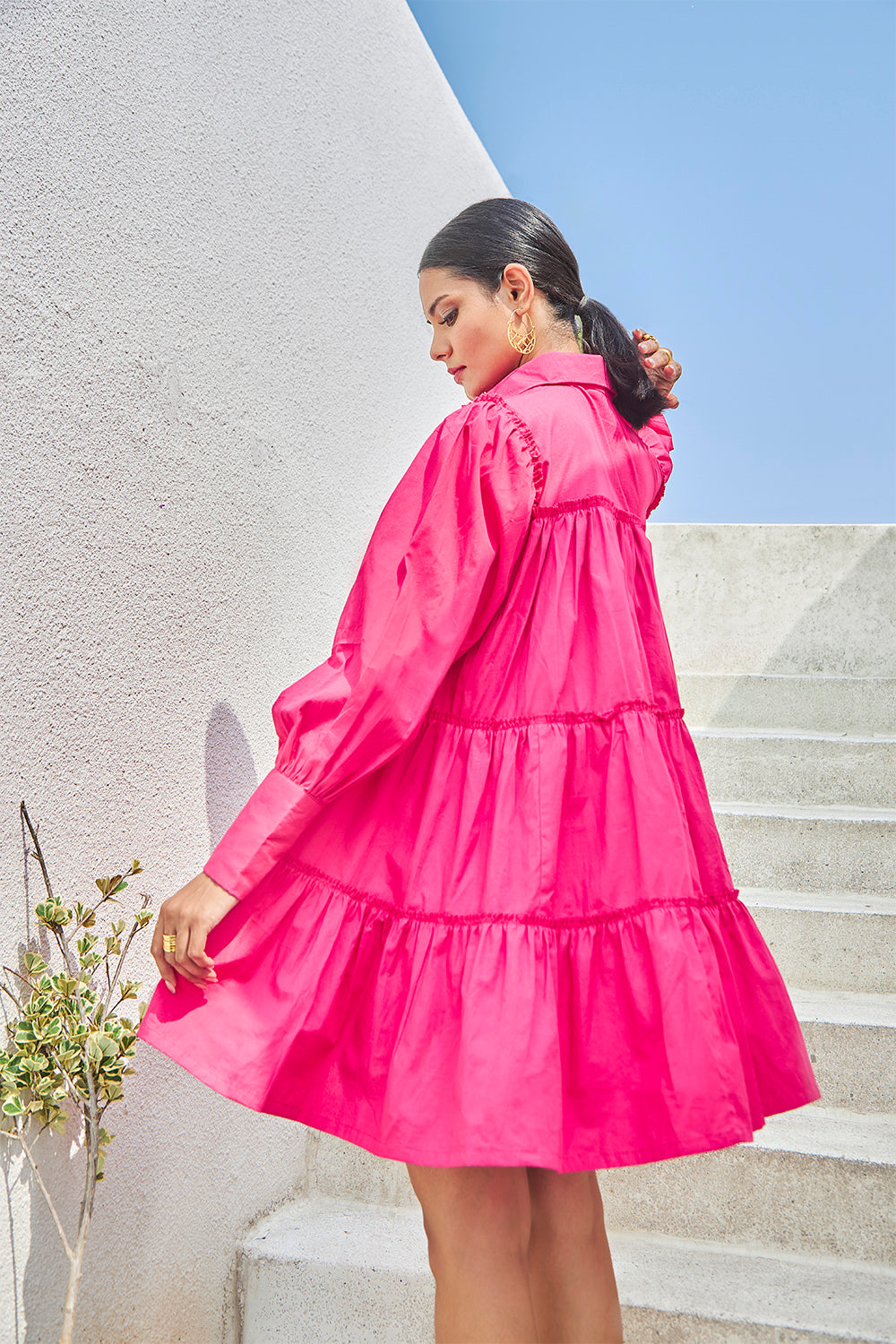 Ruffle Cotton Dress With Bishop Sleeves