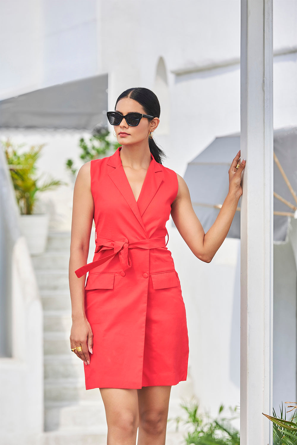 Cotton Lycra Blazer Short Dress With Waist Belt