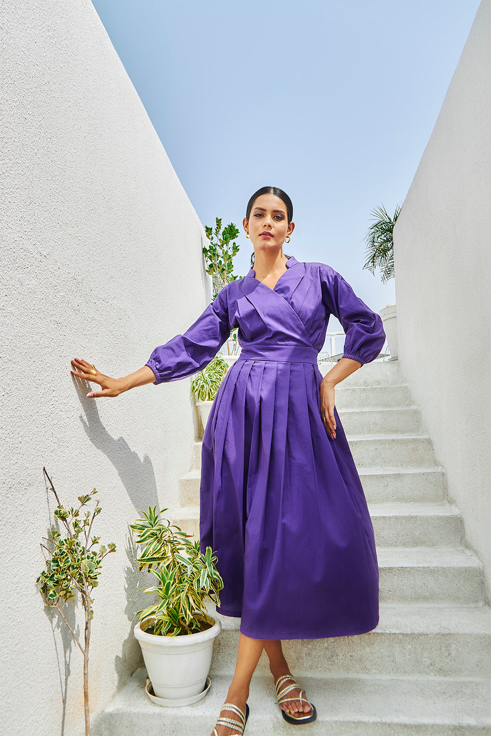 Cotton Midi Dress With Quarter Sleeves